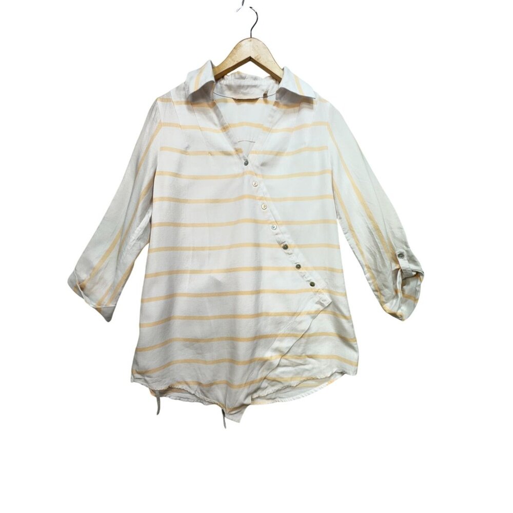 Soft Surroundings Women's Tunic Blouse Top Size S Peach White Stripe Asymmetrica